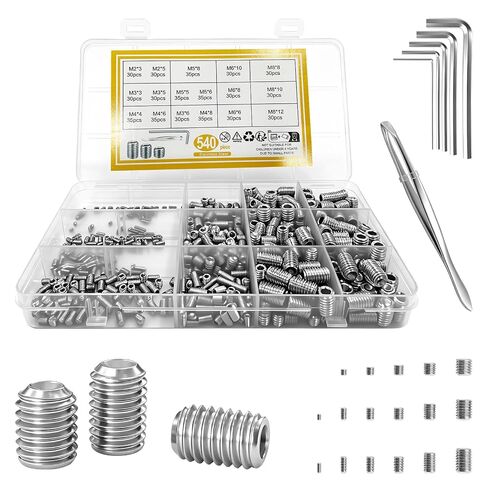 540PCS Stainless Steel Set Screw Assortment Kit, Allen Hex Socket Grub Screws Set,M2 M3 M4 M5 M6 M8 Set Screws with Allen Wrench for Door Handles, Locks, Electronics, Bathroom Fixtures & DIY Projects in Kuwait