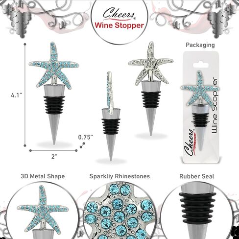 Cheers Silver Starfish Wine Bottle Stopper with Rhinestone Crystals - Cute Sparkling Ocean Seal Topper for Wine Bottles, Unique Bar Gifts for Women and Men in Kuwait