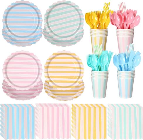 Potchen 220 Pcs 24 Guests Pastel Stripe Party Decoration Supplies, 7 and 9 Inch Pastel Disposable Paper Plate, Napkins Paper Cup with Straws for Tableware Birthday Wedding Baby Shower Spring Picnic in Kuwait