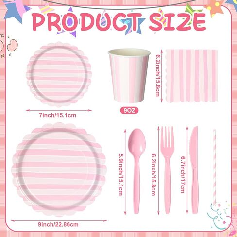 Potchen 220 Pcs 24 Guests Pastel Stripe Party Decoration Supplies, 7 and 9 Inch Pastel Disposable Paper Plate, Napkins Paper Cup with Straws for Tableware Birthday Wedding Baby Shower Spring Picnic in Kuwait