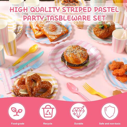 Potchen 220 Pcs 24 Guests Pastel Stripe Party Decoration Supplies, 7 and 9 Inch Pastel Disposable Paper Plate, Napkins Paper Cup with Straws for Tableware Birthday Wedding Baby Shower Spring Picnic in Kuwait