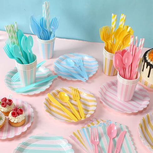Potchen 220 Pcs 24 Guests Pastel Stripe Party Decoration Supplies, 7 and 9 Inch Pastel Disposable Paper Plate, Napkins Paper Cup with Straws for Tableware Birthday Wedding Baby Shower Spring Picnic in Kuwait