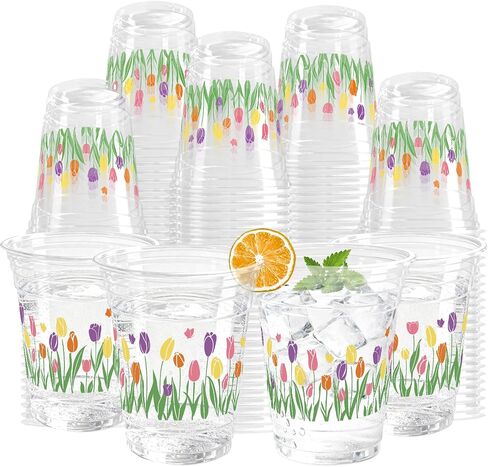 100 Pcs Wildflower Clear Cups 12 oz Plastic Flowers Disposable Drinking Cups Bulk for Spring Groovy Party Floral Baby Shower Birthday Supplies in Kuwait