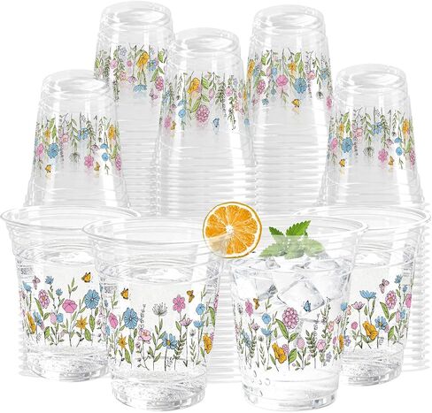 100 Pcs Wildflower Clear Cups 12 oz Plastic Flowers Disposable Drinking Cups Bulk for Spring Groovy Party Floral Baby Shower Birthday Supplies in Kuwait