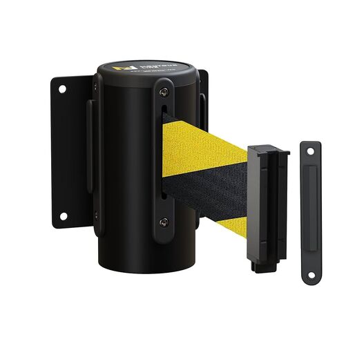 Montour Line WM115 Wall Mounted Retractable Belt Barrier with Standard Belt End, Fixed Mount, Black Casing (13 ft Black and Yellow Diagonal Belt) in Kuwait