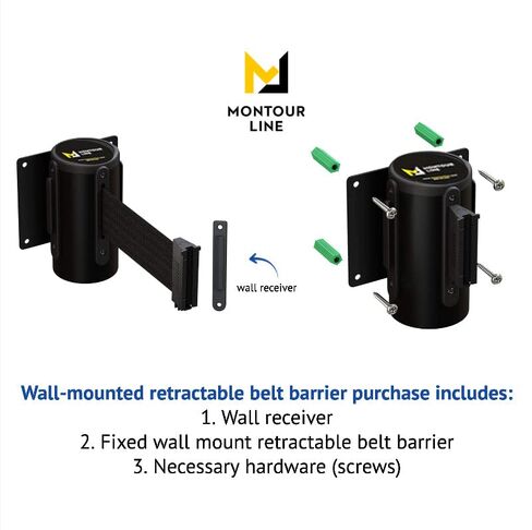 Montour Line WM115 Wall Mounted Retractable Belt Barrier with Standard Belt End, Fixed Mount, Black Casing (13 ft Black and Yellow Diagonal Belt) in Kuwait