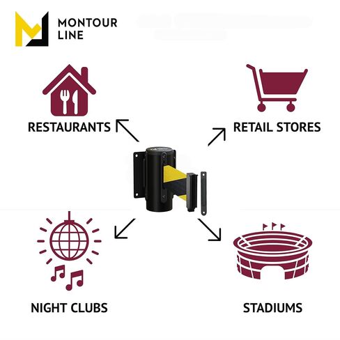 Montour Line WM115 Wall Mounted Retractable Belt Barrier with Standard Belt End, Fixed Mount, Black Casing (13 ft Black and Yellow Diagonal Belt) in Kuwait