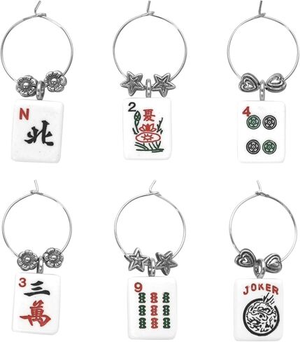 Supreme Housewares Mahjong Wine Charms، علامات زجاجية من سبائك الزنك للنظارات الجذعية، ومعرفات علامات المشروبات للحفلات، والتذوق، والترفيه، متعددة الألوان، مجموعة من 6 قطع in Kuwait