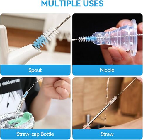 Bottle Brush Set, 4 Extra Long Straw Cleaner Brushes | 4 extra-long nylon brushes with stainless steel handles for straws, bottles, tumblers, sippy cups and narrow tubes. in Kuwait