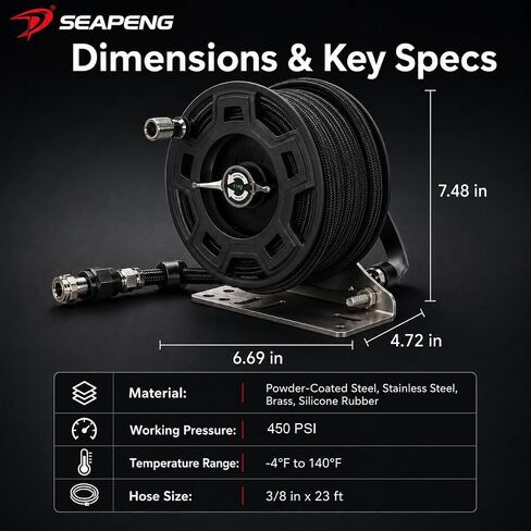 Off-Road Air Hose Reel, 3/8" x 23Ft Silicone Braided Hose | Manual Crank, Truck Bed Retractable, For 4x4, Jeep, Tacoma, Pickup Overland Rig, off-road， Max 450 PSI, On-Board Air System in Kuwait