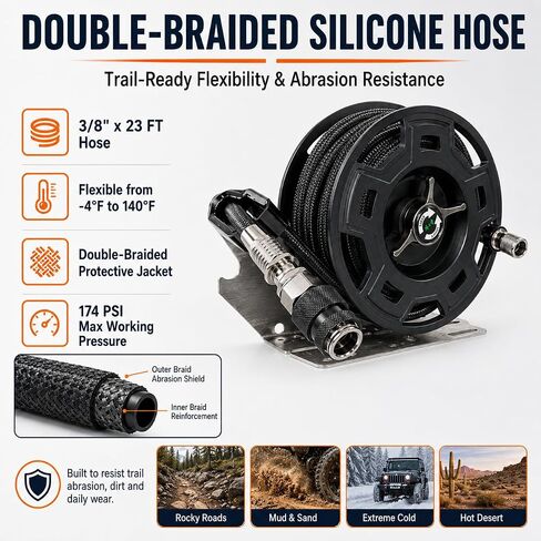 Off-Road Air Hose Reel, 3/8" x 23Ft Silicone Braided Hose | Manual Crank, Truck Bed Retractable, For 4x4, Jeep, Tacoma, Pickup Overland Rig, off-road， Max 450 PSI, On-Board Air System in Kuwait