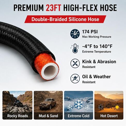 Off-Road Air Hose Reel, 3/8" x 23Ft Silicone Braided Hose | Manual Crank, Truck Bed Retractable, For 4x4, Jeep, Tacoma, Pickup Overland Rig, off-road， Max 450 PSI, On-Board Air System in Kuwait