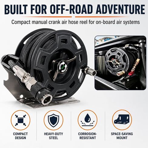 Off-Road Air Hose Reel, 3/8" x 23Ft Silicone Braided Hose | Manual Crank, Truck Bed Retractable, For 4x4, Jeep, Tacoma, Pickup Overland Rig, off-road， Max 450 PSI, On-Board Air System in Kuwait