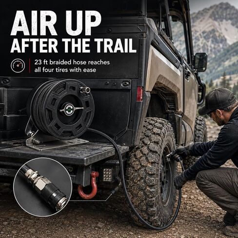 Off-Road Air Hose Reel, 3/8" x 23Ft Silicone Braided Hose | Manual Crank, Truck Bed Retractable, For 4x4, Jeep, Tacoma, Pickup Overland Rig, off-road， Max 450 PSI, On-Board Air System in Kuwait
