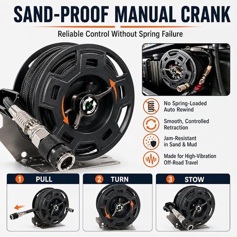 Off-Road Air Hose Reel, 3/8" x 23Ft Silicone Braided Hose | Manual Crank, Truck Bed Retractable, For 4x4, Jeep, Tacoma, Pickup Overland Rig, off-road， Max 450 PSI, On-Board Air System in Kuwait