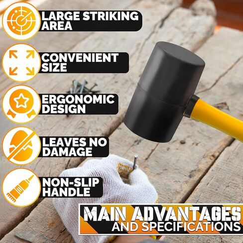 Rubber Mallet Hammer – 16 Oz Lightweight Rubber Hammer Mallet with Anti-Vibration Ergonomic Handle for Precise Striking & Less Fatigue – For Flooring, Woodworking, Camping, Tent Stakes & DIY Projects in Kuwait