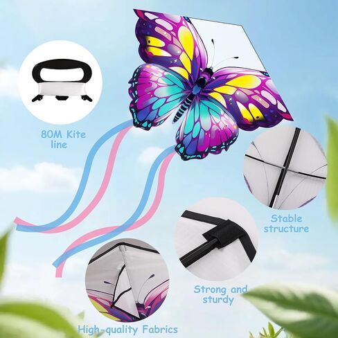 Hianjoo Large Butterfly Kite, Beach Kite for Adults | Large Size Kites Equipped with 262ft String, Easy to Fly Ideal for Beginners, Comes with Portable Storage Bag for Outdoor Use in Kuwait