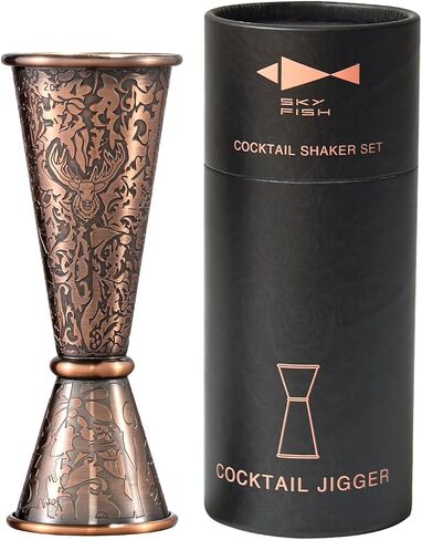 SKY FISH 3D Relief Cocktail Double Japanese Jigger 1/2oz، 3/4oz، 1oz، 1 1/2oz، و 2oz، نمط رأس غزال الرنة، الفولاذ المقاوم للصدأ قياس الوالج مطلي بالنحاس in Kuwait