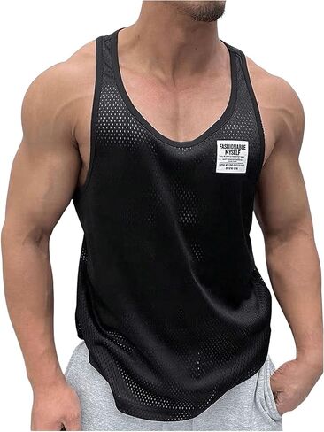 OYOANGLE Men's Mesh Workout Tank Tops Sleeveless Quick Dry Training Shirt Fitted Athletic Muscle Tee Tops in Kuwait