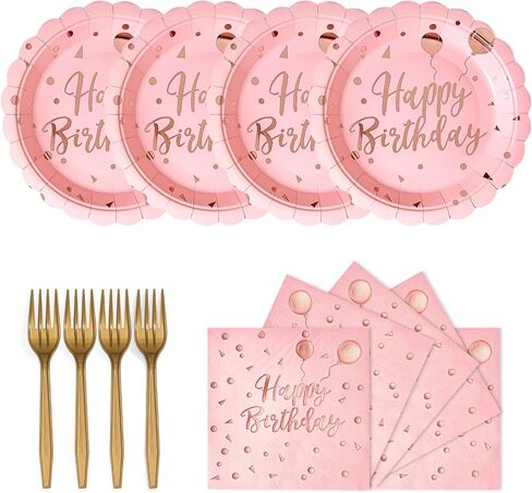 60PCS Happy Birthday Paper Plates and Napkins, 7 Inch Scalloped Pink Rose Dot Cake Dessert Plates and Birthday Napkins Disposable Tableware Set for Birthday Party Decorations (Pink Rose) in Kuwait