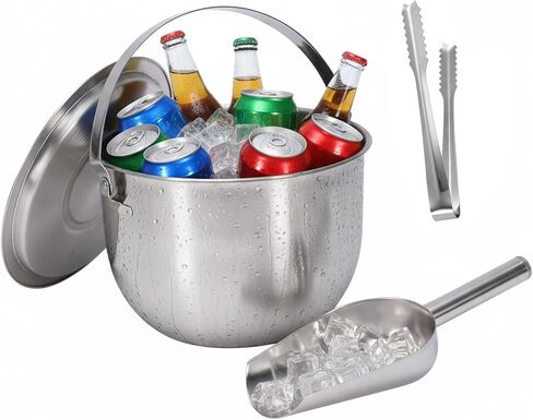 Stainless Steel Ice Bucket with Lid, Champagne Buckets with Scoop and Tong, Wine Chillers, Beverage Tub with Handles, Ideal for Parties, Bar, Pool, Beach and Home-Large Capacity, Silver in Kuwait