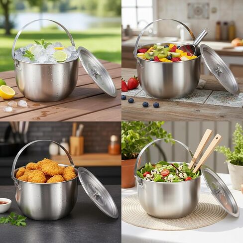 Stainless Steel Ice Bucket with Lid, Champagne Buckets with Scoop and Tong, Wine Chillers, Beverage Tub with Handles, Ideal for Parties, Bar, Pool, Beach and Home-Large Capacity, Silver in Kuwait