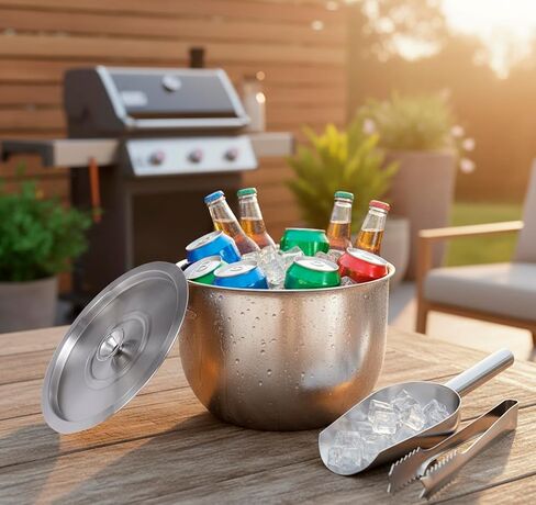 Stainless Steel Ice Bucket with Lid, Champagne Buckets with Scoop and Tong, Wine Chillers, Beverage Tub with Handles, Ideal for Parties, Bar, Pool, Beach and Home-Large Capacity, Silver in Kuwait