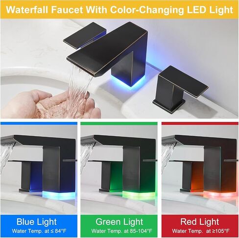 BESy Led 3 فتحة صنبور حوض الحمام، شلال برونزي مطلي بالزيت، صنبور حمام منتشر على نطاق واسع مع 3 ألوان متغيرة للضوء، صنبور منتشر على نطاق واسع بمقبضين مع خطوط إمداد مع تصريف منبثق in Kuwait
