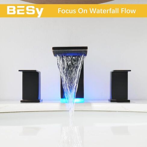 BESy Led 3 فتحة صنبور حوض الحمام، شلال برونزي مطلي بالزيت، صنبور حمام منتشر على نطاق واسع مع 3 ألوان متغيرة للضوء، صنبور منتشر على نطاق واسع بمقبضين مع خطوط إمداد مع تصريف منبثق in Kuwait