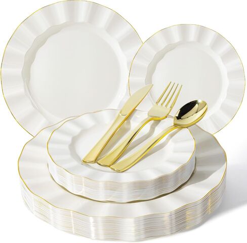 250PCS Ivory Plastic Plates Sets with Gold Rim, Gold Dinnerware Set for 50 Guests,100 Disposable Dinner and Dessert Plates, 150 Silverwares for Party and Wedding in Kuwait