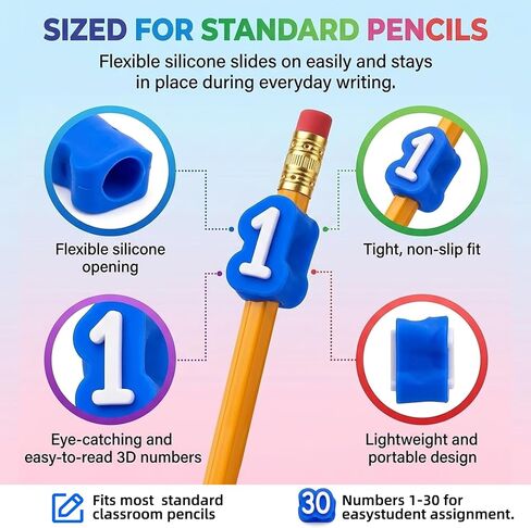 30 عبوة من أغطية أقلام الرصاص المرقمة للفصل الدراسي - ملصقات أرقام قابلة لإعادة الاستخدام لتنظيم أقلام الرصاص، وتتبع إمدادات المعلمين لإدارة الفصل الدراسي (الأرقام 1-30، أزرق) in Saudi Arabia
