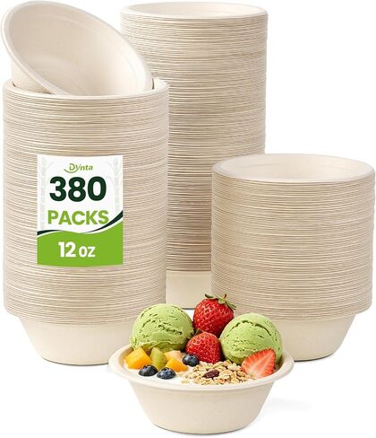 Dynta 380 Pack 12 oz Compostable Paper Bowls, Small Disposable Bowls | Leak Resistant for Water & Hot Soup • Uncoated Plant Fiber • Compostable • Microwave & Freezer Safe in Kuwait
