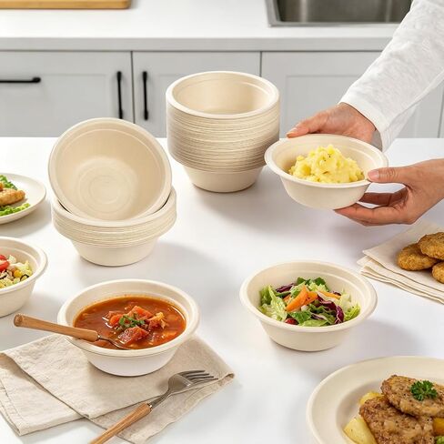 Dynta 380 Pack 12 oz Compostable Paper Bowls, Small Disposable Bowls | Leak Resistant for Water & Hot Soup • Uncoated Plant Fiber • Compostable • Microwave & Freezer Safe in Kuwait