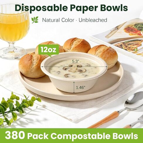 Dynta 380 Pack 12 oz Compostable Paper Bowls, Small Disposable Bowls | Leak Resistant for Water & Hot Soup • Uncoated Plant Fiber • Compostable • Microwave & Freezer Safe in Kuwait