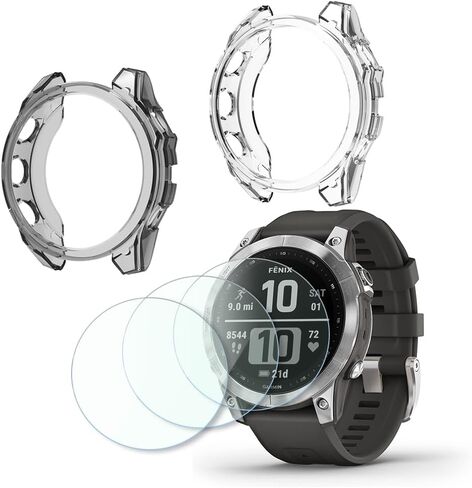 متوافق مع واقي الشاشة Garmin Fenix ​​7/Epix Gen 2 47 مم / Fenix ​​E (47 مم)، طبقة حماية من الزجاج المقسى وغطاء إطار ناعم من مادة TPU (عبوة من 3+2) in Kuwait