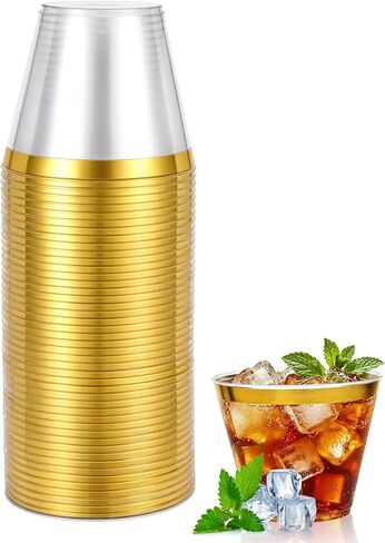 20 قطعة من أكواب بلاستيكية 9oz، أكواب نبيذ بدون جذع للاستعمال مرة واحدة، كوب ذهبي شفاف بحواف ذهبية كلاسيكية، أكواب حفلات مزامير الشمبانيا لأعياد الميلاد وعيد الحب وعيد الميلاد وعيد الميلاد in Kuwait