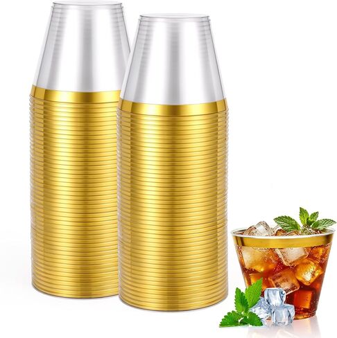 20 قطعة من أكواب بلاستيكية 9oz، أكواب نبيذ بدون جذع للاستعمال مرة واحدة، كوب ذهبي شفاف بحواف ذهبية كلاسيكية، أكواب حفلات مزامير الشمبانيا لأعياد الميلاد وعيد الحب وعيد الميلاد وعيد الميلاد in Kuwait