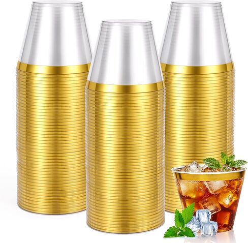 20 قطعة من أكواب بلاستيكية 9oz، أكواب نبيذ بدون جذع للاستعمال مرة واحدة، كوب ذهبي شفاف بحواف ذهبية كلاسيكية، أكواب حفلات مزامير الشمبانيا لأعياد الميلاد وعيد الحب وعيد الميلاد وعيد الميلاد in Kuwait