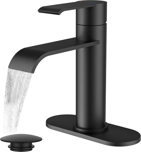 FORIOUS Black Bathroom Faucet 1 Hole, Single Handle Matte Black Waterfall Bathroom Faucet Single Hole for Rv, Lavatory, Restroom, Commercial Sinks with 3 Hole Adapter Deck Plate, Pop Up Drain in Kuwait