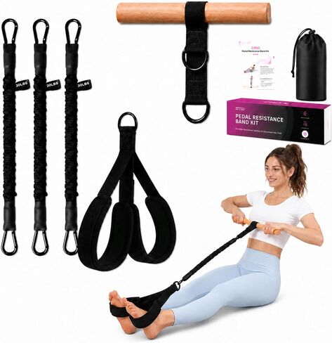 Multifunction Resistance Bands with Handles, Upgraded Dual D-Ring | 3-Tube Adjustable Resistance: 30/60/90 LB | Beech Wood Handle | Wide Foot Pedals | for Abdomen, Waist, Arm, Leg, Pilates in Kuwait