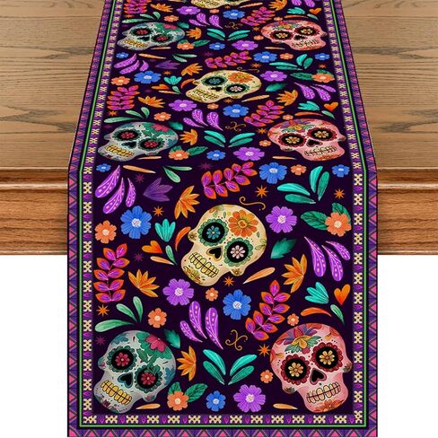 Dia De Los Muertos مفرش طاولة سينكو دي مايو من الكتان الريفي المكسيكي السكر الجمجمة يوم الموتى ديكور مذبح المطبخ ديكور طاولة الطعام لديكور المنزل والحفلات 13 × 72 بوصة in Kuwait