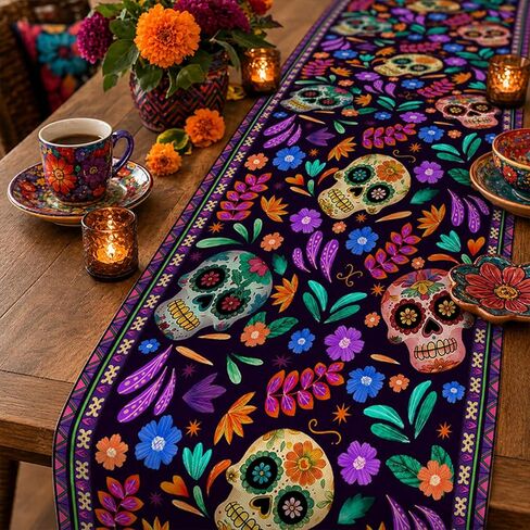 Dia De Los Muertos مفرش طاولة سينكو دي مايو من الكتان الريفي المكسيكي السكر الجمجمة يوم الموتى ديكور مذبح المطبخ ديكور طاولة الطعام لديكور المنزل والحفلات 13 × 72 بوصة in Kuwait