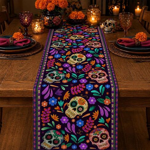 Dia De Los Muertos مفرش طاولة سينكو دي مايو من الكتان الريفي المكسيكي السكر الجمجمة يوم الموتى ديكور مذبح المطبخ ديكور طاولة الطعام لديكور المنزل والحفلات 13 × 72 بوصة in Kuwait