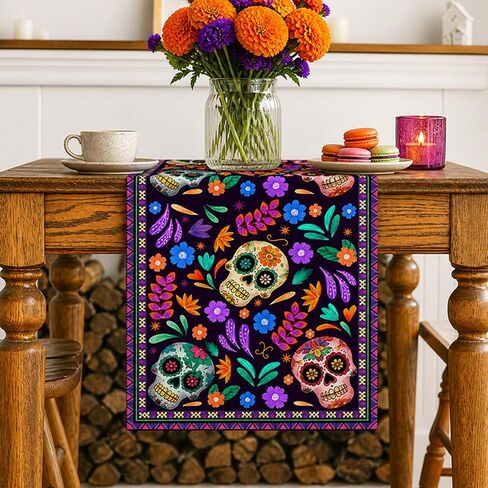 Dia De Los Muertos مفرش طاولة سينكو دي مايو من الكتان الريفي المكسيكي السكر الجمجمة يوم الموتى ديكور مذبح المطبخ ديكور طاولة الطعام لديكور المنزل والحفلات 13 × 72 بوصة in Kuwait