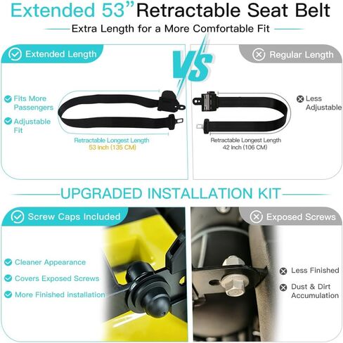 Retractable Golf Cart Seat Belt Kit 2 Pack, 53" Adjustable Universal Fit | Designed for a secure fit with retractable straps. Fits golf carts, go karts and utility carts. Mounting bracket not included in Saudi Arabia