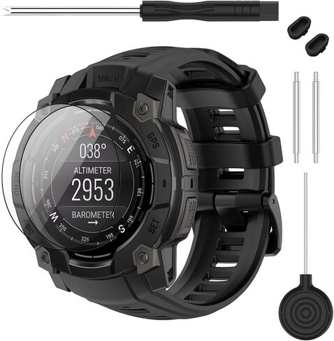 حزام متوافق مع Garmin Instinct 3 45 مم/50 مم، حزام ساعة بديل من السيليكون الناعم بعرض 20/22/26 مم و2 واقي شاشة لساعة Instinct E الذكية 40 مم 45 مم للنساء والرجال in Kuwait