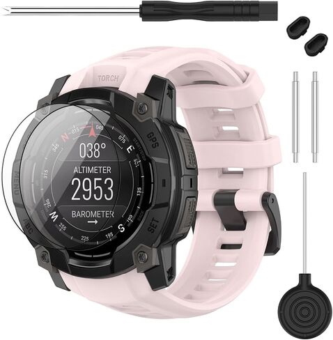 حزام متوافق مع Garmin Instinct 3 45 مم/50 مم، حزام ساعة بديل من السيليكون الناعم بعرض 20/22/26 مم و2 واقي شاشة لساعة Instinct E الذكية 40 مم 45 مم للنساء والرجال in Kuwait