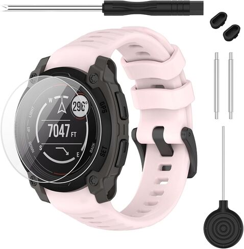 حزام متوافق مع Garmin Instinct 3 45 مم/50 مم، حزام ساعة بديل من السيليكون الناعم بعرض 20/22/26 مم و2 واقي شاشة لساعة Instinct E الذكية 40 مم 45 مم للنساء والرجال in Kuwait