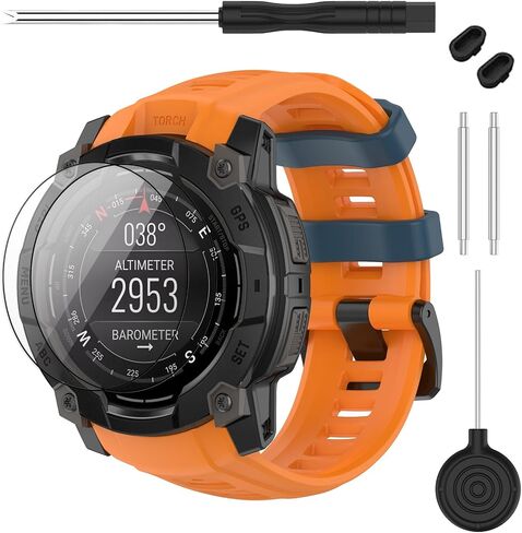 حزام متوافق مع Garmin Instinct 3 45 مم/50 مم، حزام ساعة بديل من السيليكون الناعم بعرض 20/22/26 مم و2 واقي شاشة لساعة Instinct E الذكية 40 مم 45 مم للنساء والرجال in Kuwait