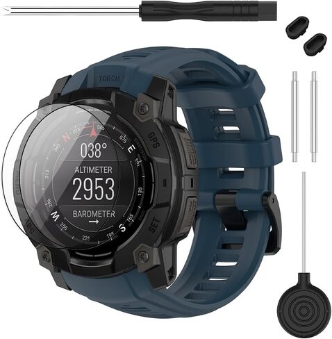 حزام متوافق مع Garmin Instinct 3 45 مم/50 مم، حزام ساعة بديل من السيليكون الناعم بعرض 20/22/26 مم و2 واقي شاشة لساعة Instinct E الذكية 40 مم 45 مم للنساء والرجال in Kuwait